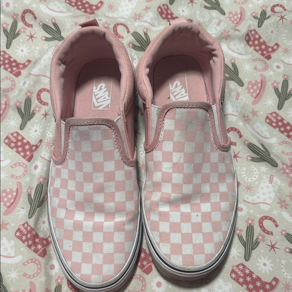 Vans Pink and White Checkered Slip-Ons